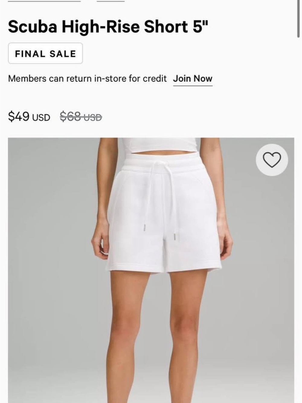 NWT- Lululemon Scuba High-Rise Short 5" — White- Size 6